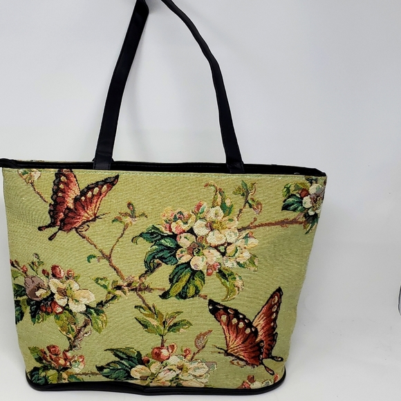 Butterfly Tapestry Bag Vintage Zip Top Inside Pockets Green NWOT - Picture 2 of 9